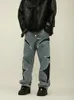 Jeans para hombre Thug Club Pu Leaher Bordado Patchwork Baggy Y2K Streetwear Pantalones de mezclilla rectos de gran tamaño Pantalones de carga unisex 231204