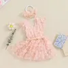 Girl Dresses Listenwind Baby Girls Rompers Dress 3D Flower Sleeve Back Tie-Up Layered Tulle Skirt Hem Toddler Bodysuits With Headband