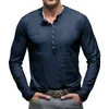 Erkek Tişörtler Erkekler Uzun Kollu Henley Grandad gömlek Toplar Bluz Düğmesi Yukarı Kas İnce Uygun Aktif Giyser