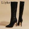 Boots Liyke Sexy Pointed Toe Pole Dance Stiletto Heels Knee High Boots Fashion Zip Black White Women Long Shoes Botas Altas Mujer 231204