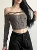 Women's T Shirts Sexy Style Retro Gray Hand Frayed Off-Shoulder Long Sleeve T-shirt Short Slim Looking High Waist Zipper Top