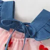 Abiti da ragazza Bmnmsl Infantile Neonate Abito da principessa Ciliegia Ricamo Maglia Patchwork Denim Ruffles Senza maniche Carino Bowknot Tutù di tulle