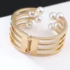 Bangle Imitation Pearl Cuff Bracelets For Women Stainless Steel Hollow Alloy Charm Accessories Geometric Open Bangles Party