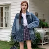 Kvinnors jackor 2023 Autumn Coat for Women Retro Splicing Washing Gör Old Loose Design Sense Single Breasted Lapel Collar