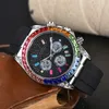 Relógio de quartzo masculino e feminino de luxo de alta qualidade Relógio automático de seis pinos com pulseira de borracha da moda com mostrador de 40 mm cheio de diamante arco-íris Hall design relógio de moda