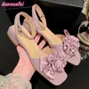 Sandálias Danxuefei Mulheres Genuínas Couro Ankle Strap Flats Flor Decoração Open Toe Verão Casual Doce Estilo Coreano Sapatos