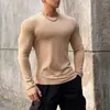 T-shirts pour hommes élastiques minces nervurés automne hommes décontractés à manches longues couleur pure sommets pour hommes vêtements mode o cou pull