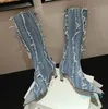 Bottes de Cowboy en denim usé à franges pour femmes, hauteur du genou, talons hauts, fermeture éclair latérale, longues, chaussures de fête pour filles