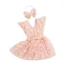 Girl Dresses Listenwind Baby Girls Rompers Dress 3D Flower Sleeve Back Tie-Up Layered Tulle Skirt Hem Toddler Bodysuits With Headband