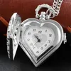 Relógios de bolso prata clássico amor forma casal oco relógio de quartzo retro corrente relógio masculino e feminino colar jóias presente