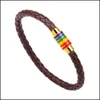 Bracelets de charme Bracelet magnétique Bracelet en acier inoxydable Femmes Hommes Cadeau Gay Pride Rainbow Noir Marron Véritable Cuir Tressé Drop D DDHCER