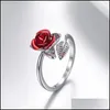 Bagues de bande Femmes Bague Rouge Rose Jardin Fleur Feuilles Ouvert Doigt Redimensionnable Pour Saint Valentin Cadeau Bijoux Drop Livraison Dhzqg