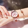 Wristwatches Elegant Round Dial Convenient Leather Strap Pink Quartz Watch Stainless Steel Woman Automatic Watches Sports