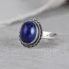 Pierścienie klastra FNJ 925 Silver Lapis Lazuli Real Original S925 Solid Prue Pierścień dla kobiet biżuteria Vintage Oval Flower262J