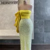 Vestidos de festa nersesyan glitter lantejoulas amarelo cetim noite um ombro vestidos plissados longo sereia 2023 vestidos de fiesta