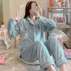 Damen-Nachtwäsche, Damen-Pyjama-Sets, schick, solide, einreihig, Ulzzang, bequem, Homewear, Damen, dick, warm, weich, Flanell, einfache Freizeit