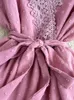 Robes décontractées Été Femmes Dentelle Patchwork Polka Dot Robe en mousseline de soie Vintage Col en V Manches volantes Taille haute A-ligne Rose / Vert / Bleu Robe longue