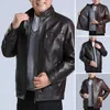 Men's Jackets Fall Men Jacket Mid-aged Windproof Faux Leather With Plush Pockets Stand Collar Stylish Father Coat For Long Sleeve