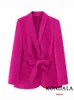 Calças femininas de duas peças Kondala vintage sólido roesred mulheres ternos escritório senhora moda 2023 manga longa v pescoço arco cinto oversized blazer perna larga 231204