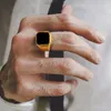 Dignified Black Carnelian Stainless Steel Golden Square Signet Ring for Men Pinky Rings Male Wealth and Rich Status Jewelry230U