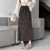 Saias Mulheres Preto PU Couro Midi Saia Vintage Impressão Plissada Cintura Alta Elástica Slim Fit Fish Tail