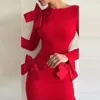 Casual Dresses Red Bow O-Neck Slim Club Party Women's Elegant Hollow Out Split Maxi Dress Fashion Office Lång ärm Tight A-Line