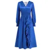 Femme Col en V Fête Vert Robe Dos Nu Robe Vintage Designer Soie Satin Mince À Volants Ruché Robes De Vacances 2023 Printemps Automne Élégant Piste Lanterne Manches Robes