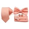 Bow Ties 5 PCS Slim Plaid Tie Stet Polyester Pink Blue Necktie Bowtie Cufflink Brooch لبدلة العريس زفاف قميص هدية