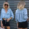 Women's Blouses All Match Denim Blue Shirt Women Summer Casual Two Pockets Fashion Single Breasted Blouse Elegant Female Expose Belly Button