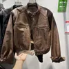 Damenjacken American Retro PU Leder Oansatz Jacke Herbst Braun Lose Lässige High Street Motorrad Männer Tops Männliche Kleidung