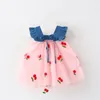 Abiti da ragazza Bmnmsl Infantile Neonate Abito da principessa Ciliegia Ricamo Maglia Patchwork Denim Ruffles Senza maniche Carino Bowknot Tutù di tulle