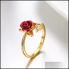 Bagues de bande Femmes Bague Rouge Rose Jardin Fleur Feuilles Ouvert Doigt Redimensionnable Pour Saint Valentin Cadeau Bijoux Drop Livraison Dhzqg