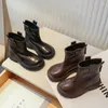 Boots 2023 Girls Short Solid Color Black Back Zipper Fashion Children Leather Britain Style Kids Non-slip Simple