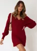 Casual Kleider Solide Rippen Gestrickte Mini Kleid Für Frauen Elegante V-ausschnitt Langarm Bodycon 2023 Herbst Dame Chic Streetwear Robe