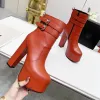 Luksusowe projektantki dla kobiet buty na platformie kostki okrągłe palce 14,5 cm Botki na pięcie ozdobioną klamrę oryginalne skórzane zamykanie botki Chunky Boots