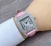 Popular Squar Roman Tank Dial Watches 32MM Full Diamonds Ring Leather Belt Clock Quartz Movement Women Vintage Rose Gold Silver Case Chain Bracelet Small Size Watch