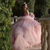 Rosa fora do ombro vestidos quinceanera tule em camadas beading pageant rendas até vestidos de 15 anos 2024 vestido de baile princesa
