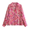 Blouses Femmes Volants Imprimé Floral Satin Femmes 2023 Automne Col Rabattu À Manches Longues Chemisier Lâche Élégant Chemises Décontractées Femmes Tops