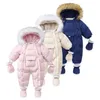 Rompers AYNIGIELL Winter born Thickening Jumpsuit Built-in Wool Hooded Down Romper Baby Boys and Girls Warm Snowproof Overalls 231204
