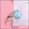 Solitaire Ring Luckyshine Verkopen 6 stks/partij 925 Sier Fashion Charms Mannen Vrouwen Trouwringen Ovale Zirkonia Blauwe Diamant Edelsteen D Dhx72