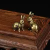 1 Pair Antique Copper Zodiac Lucky Rabbit Statue Ornaments Vintage Solid Brass Animal Miniature Figurine Tea Pet Desk Decoration Y232A