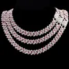 Kedjor Hiphop Pink Crystal 14mm Rhombus Prong Cuban Link Chain Necklace For Women Full Rhinestones Pave Iced Out Jewelrychains2251