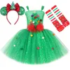 Flickans klänningar glittrande grön julgranklänning för flickor Xmas Party Tulle Tutu Dresses outfit Children Christmas Elf kostym Kidkläder 231204