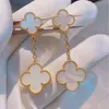 Van Clover Four Leaf Grass Ear Studs Earbone Clip Gold Thicked Plating 18K White Fritillaria Four Leaf Grass Double Blommaörhängen