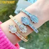 Chain Iced Out Bling Eyes of the Angel of Fatima Bracelet CZ Zircon Hamsa Hand abriu Bangle para homens Mulheres Hip Hop Jóias de luxo 231205