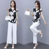 Calças femininas de duas peças ternos femininos para o verão 2023 mulher conjunto pantsuits elegante chiffon assimétrico topos calças largas perna 2 roupas