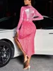 Work Dresses Faux Fur Pink Dress Set For Women Sparkly Mock Neck Long Sleeve Shirt Tops And Front Slit Wrapped Furs Skirt Sets Winter Trendy