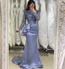 Abito da sera in raso blu polvere 2024 Glitter paillettes Top sirena maniche lunghe collo alto pieghe donne arabe abiti da ballo formali Robe De Soriee