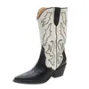 Stiefel Western-Cowboystiefel mit klobigem Absatz für Damen, bestickte Spitze, schwarzes Leder, gemischte Farben, mittelhohe Stiefel, Winter-Designer-Schuhe 231204