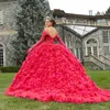 Czerwona Lśniąca Księżniczka Suknia Ball Quinceanera Dress z ramion z długim rękawem koronkowane koronkowe koronkowe suknie imprezowe Vestidos de 15 anos